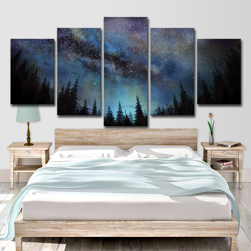 Blue Forest Starry Sky Canvas Nature Scenery Modernist Multi-Piece Wall Art Decor