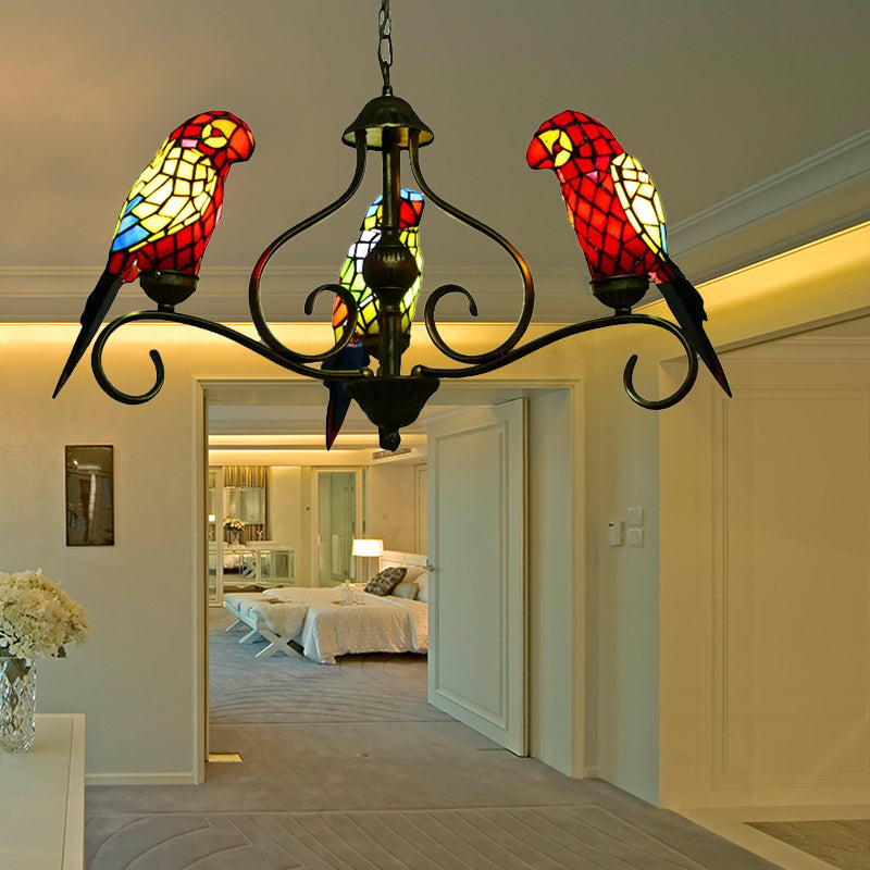 Lampadari di vetro colorati per sale da pranzo, lampada a soffitto in ottone antico con pappagallo in stile tiffany