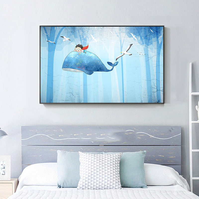 Fantasy Flying Whales Adventure Canvas Kids Style Textured Wall Art in Pastel Blue