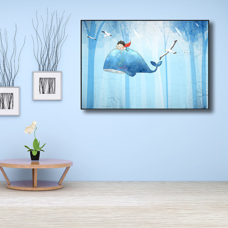 Fantasy Flying Whales Adventure Canvas Kids Style Textured Wall Art in Pastel Blue