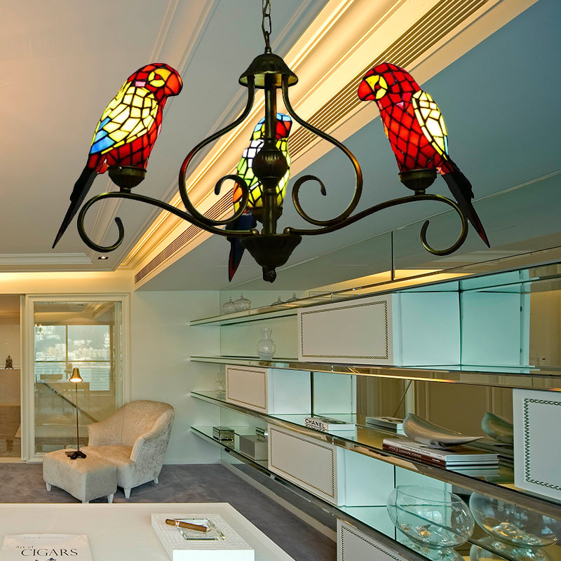 Lampadari di vetro colorati per sale da pranzo, lampada a soffitto in ottone antico con pappagallo in stile tiffany