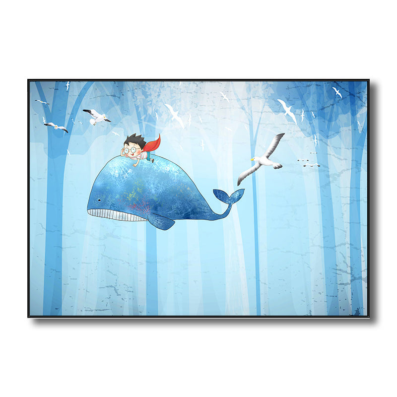 Fantasy Flying Whales Adventure Canvas Kids Style Textured Wall Art in Pastel Blue