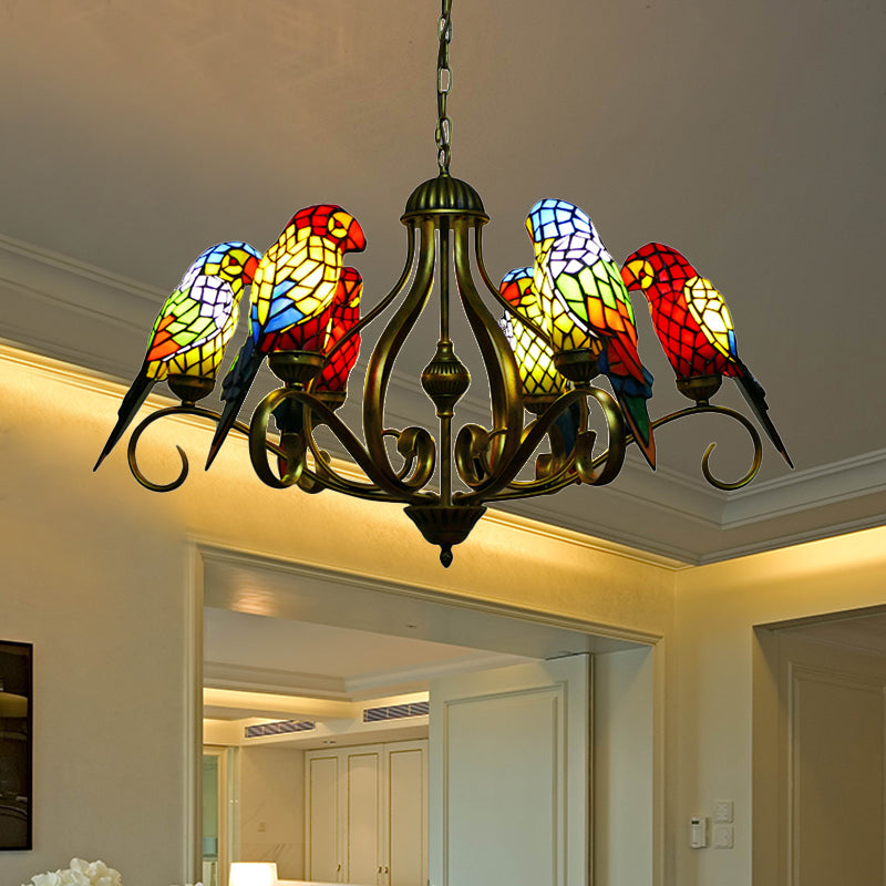 Lampadari di vetro colorati per sale da pranzo, lampada a soffitto in ottone antico con pappagallo in stile tiffany