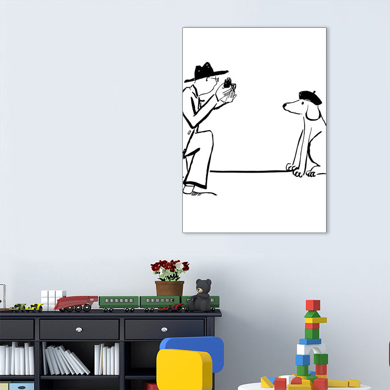 Man Playing with Dog Art Print Minimalist Canvas Wall Decor in Black-White for Bedroom