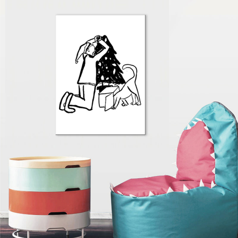 Man Playing with Dog Art Print Minimalist Canvas Wall Decor in Black-White for Bedroom