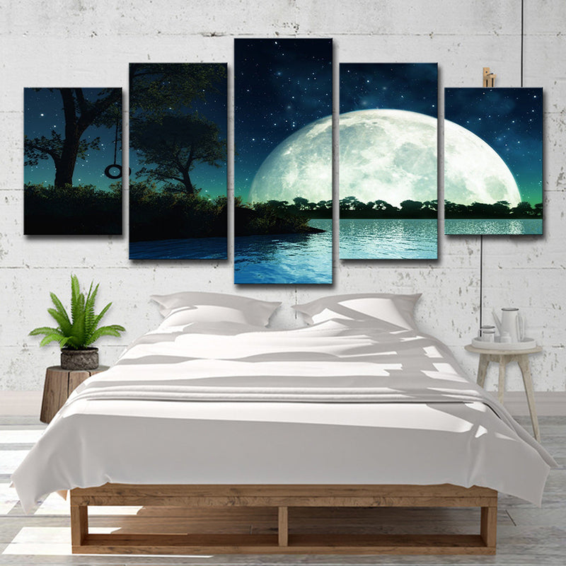 Kids Fantasy Wall Art Dark Blue Super Moon and Lake Scenery Canvas Print for Home