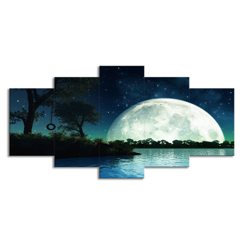 Kids Fantasy Wall Art Dark Blue Super Moon and Lake Scenery Canvas Print for Home