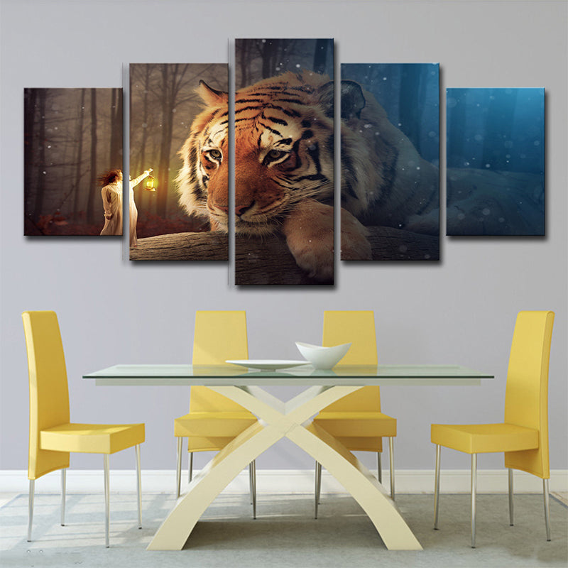 Yellow Kids Canvas Digital Print Giant Tiger and Tiny Girl Wall Art for Living Room