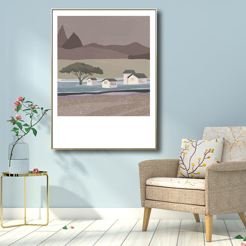 Illustration Farmhouse Canvas Wall Art with Night Village Scenery Drawing in Dark Color