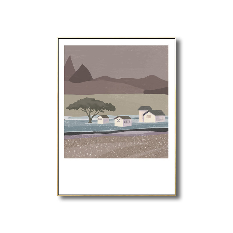 Illustration Farmhouse Canvas Wall Art with Night Village Scenery Drawing in Dark Color