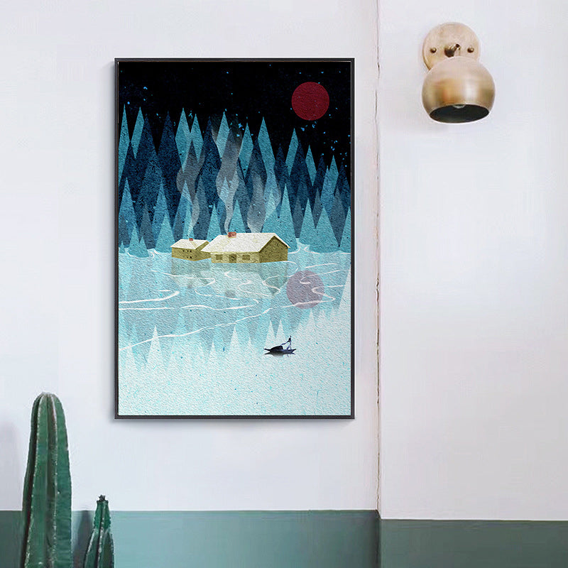 Toile d'art pour enfants, bord de rivière, forêt, couleur douce, décor mural de paysage naturel
