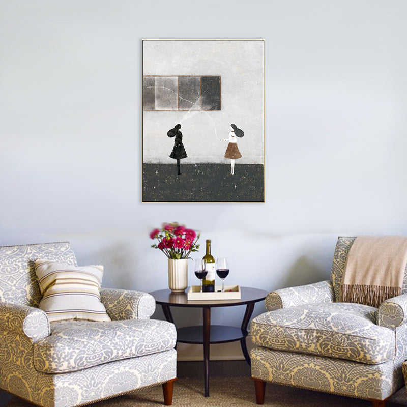 Girls Leisure Time Canvas Print Childrens Art Textured Living Room Wall Decor in Dark Color