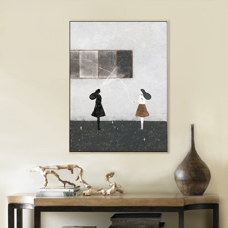 Girls Leisure Time Canvas Print Childrens Art Textured Living Room Wall Decor in Dark Color
