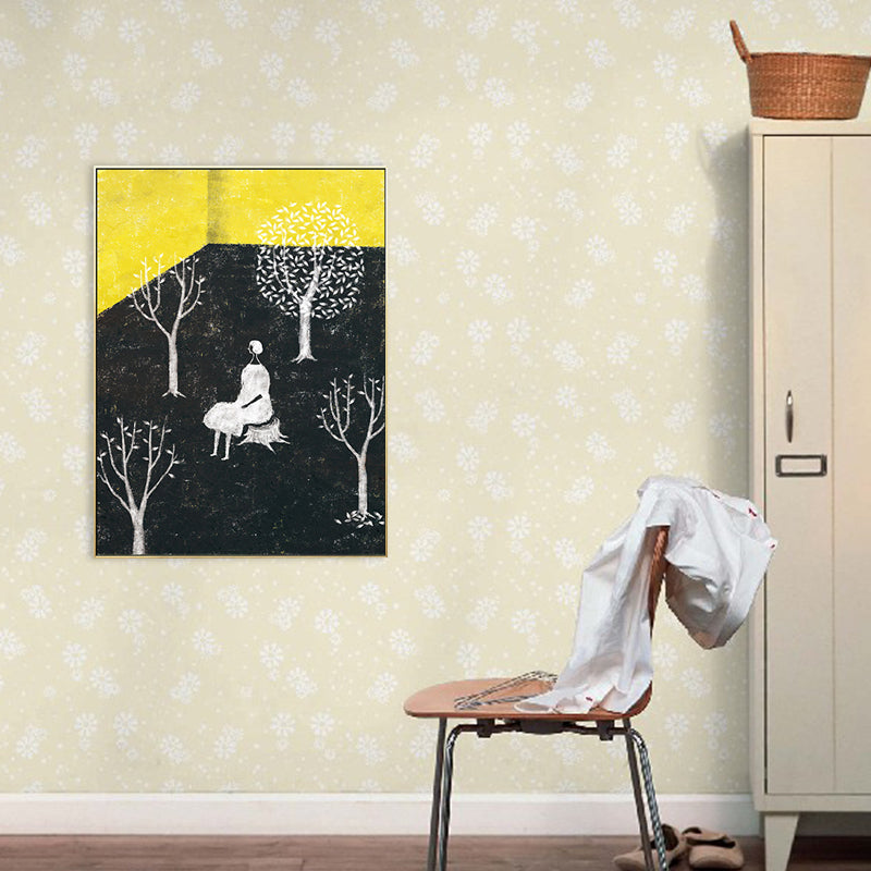 Girls Leisure Time Canvas Print Childrens Art Textured Living Room Wall Decor in Dark Color