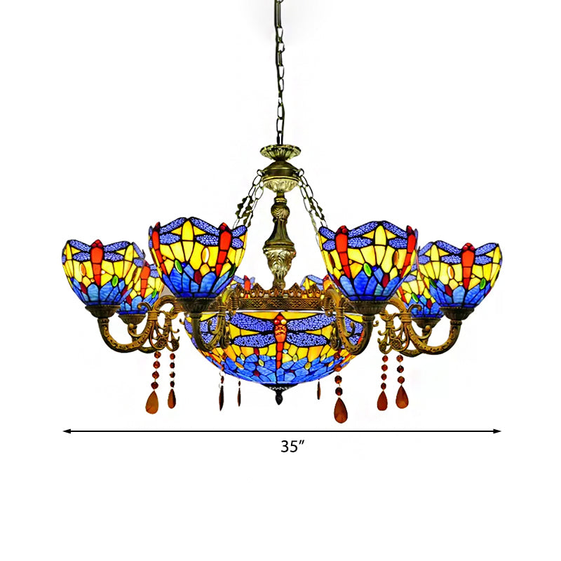 Kronleuchter für Wohnzimmer, Libellie -Anhänger -Deckenlampe mit Glasschatten und Bernsteinkristalldekoration