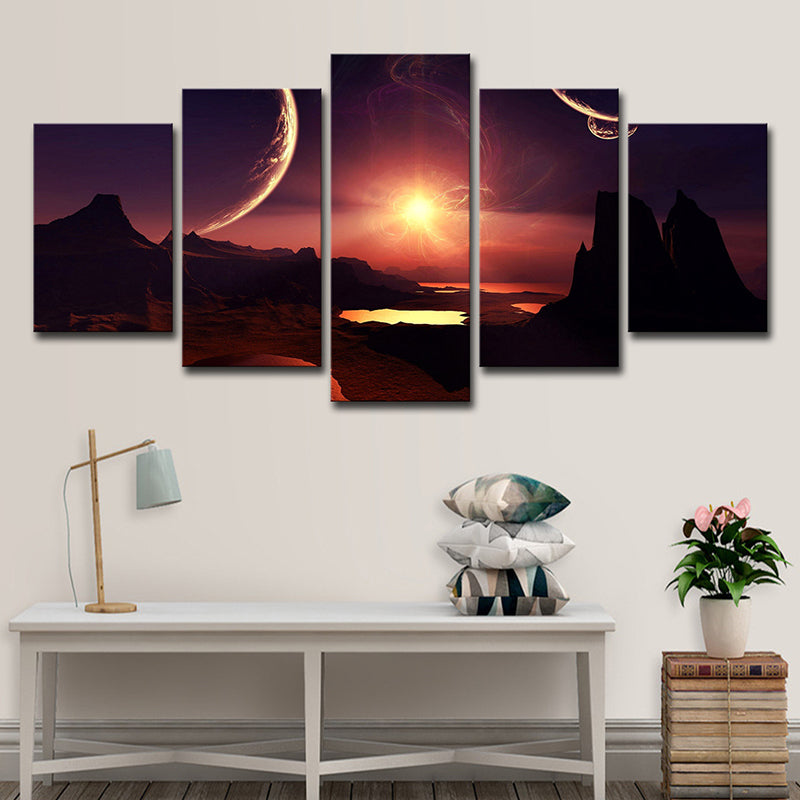 Purple-Red Science Fiction Canvas Print Mountain with Sunset Glow Landscape Wall Art for Room