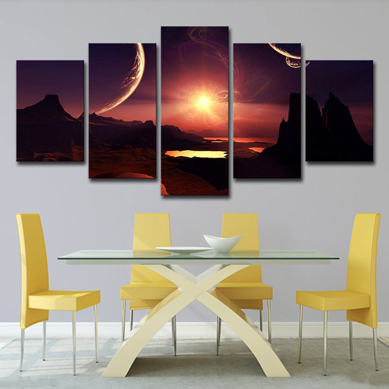 Purple-Red Science Fiction Canvas Print Mountain with Sunset Glow Landscape Wall Art for Room