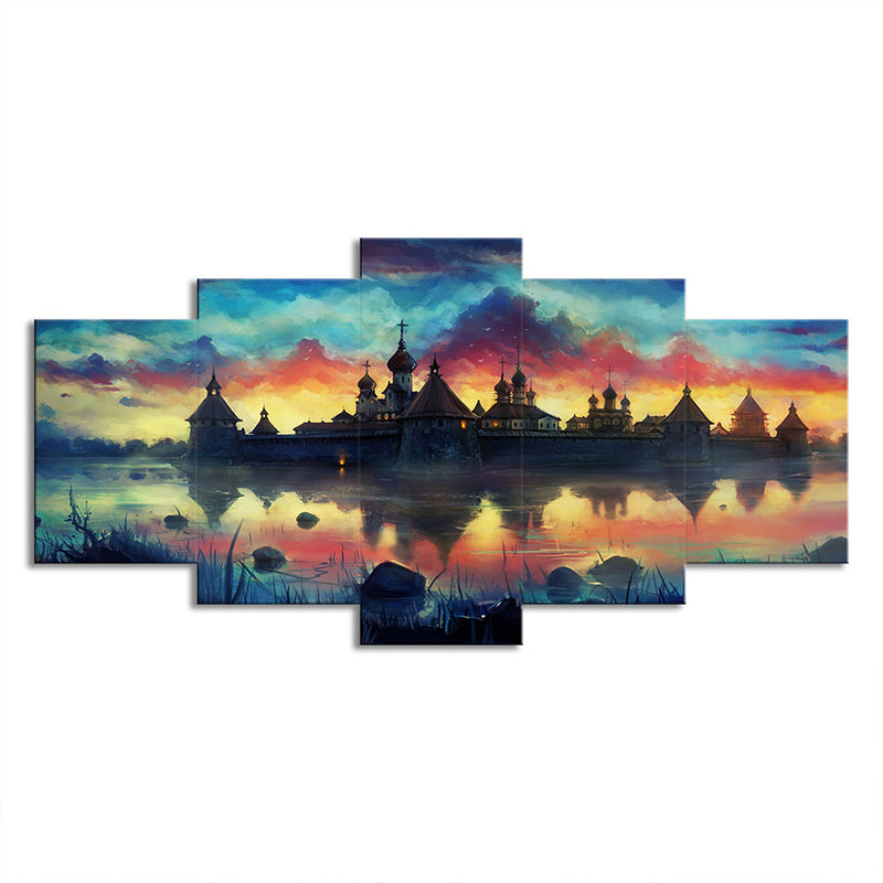 Lakeside Castle Scenery Wall Art Kids Dreamy Evening Glow Canvas Print in Yellow