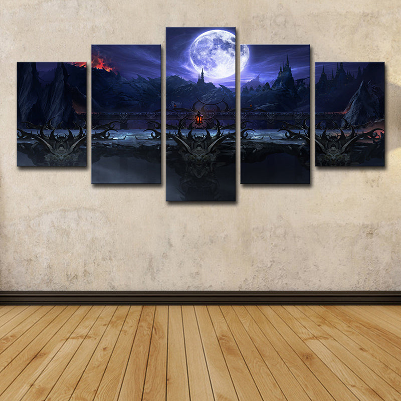 Game Scene Wall Art Kids Gloomy Full Moon Castle Night Canvas Print in Dark Blue