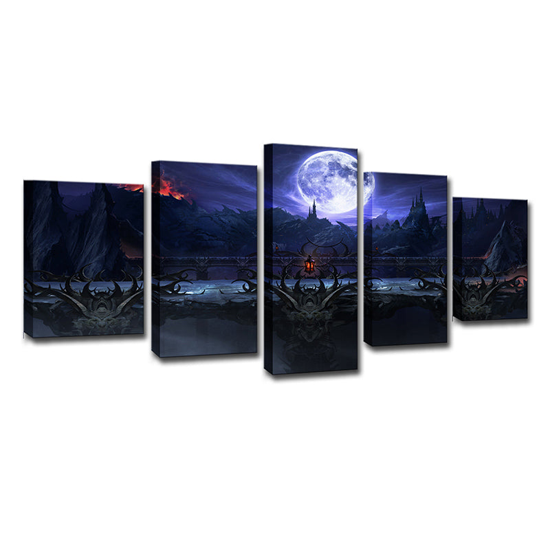 Game Scene Wall Art Kids Gloomy Full Moon Castle Night Canvas Print in Dark Blue
