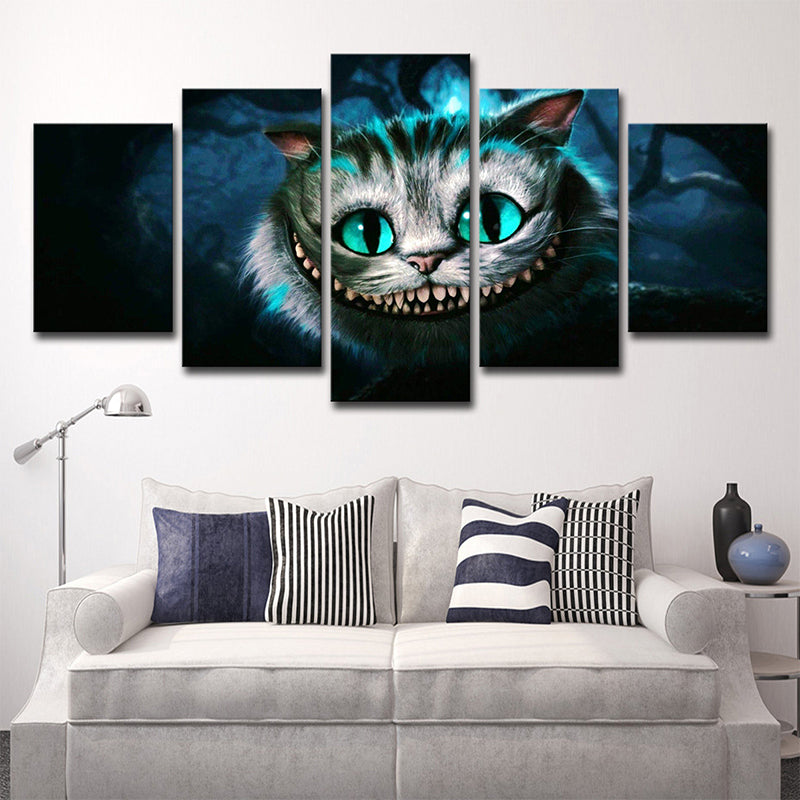 Fantasy Wonderland Cat Wall Art Print Cartoon Multi-Piece Canvas in Blue for Dining Room