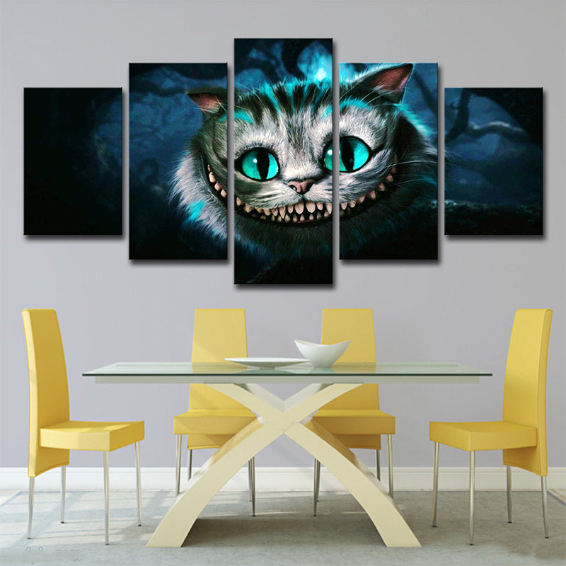 Fantasy Wonderland Cat Wall Art Print Cartoon Multi-Piece Canvas in Blue for Dining Room
