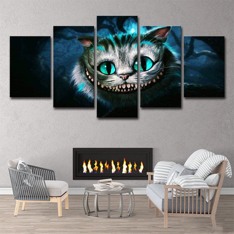 Fantasy Wonderland Cat Wall Art Print Cartoon Multi-Piece Canvas in Blue for Dining Room