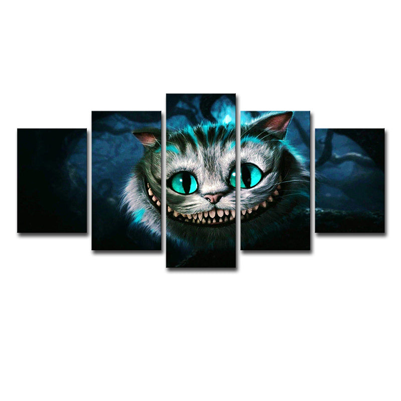 Fantasy Wonderland Cat Wall Art Print Cartoon Multi-Piece Canvas in Blue for Dining Room