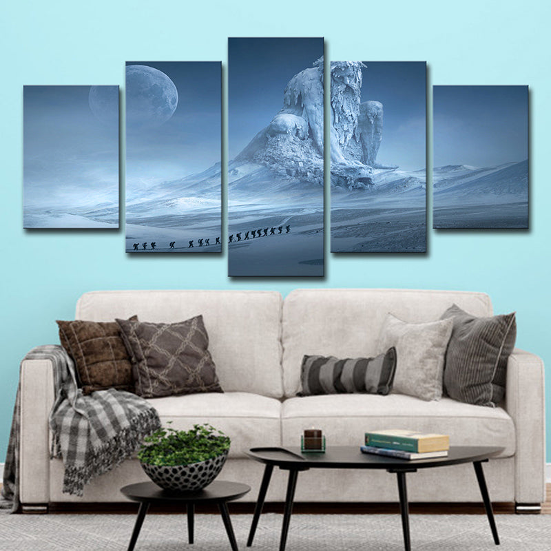 Digital Print Kids Canvas Wall Art with Moon Night Frozen God Scene in Blue for Room