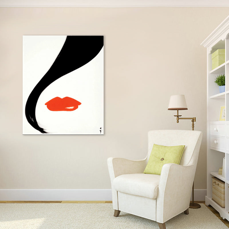 Red Lip Art Print Fashion Woman Drawing Minimalist Textured Canvas on White for Room