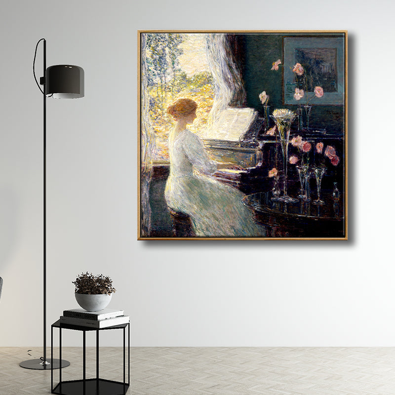 Vintage-Wandkunst-Dekor, grüne Schönheit, die Klavier spielt, Leinwand in Grün für das Wohnzimmer