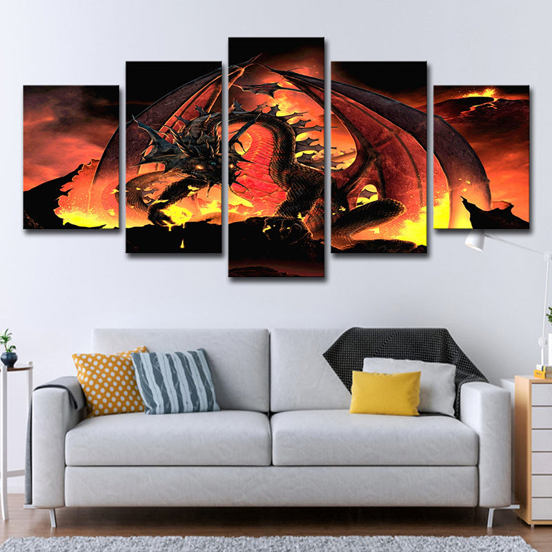 Fire Dragon Art Print Orange Canvas Made Wall Decor for House Interior, Multi-Piece