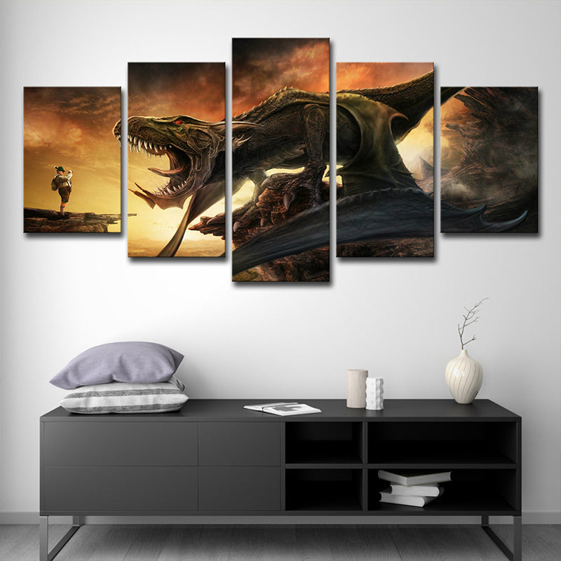 Canvas Multi-Piece Wall Decor Science Fiction Dinosaur Roaring Art Print in Yellow