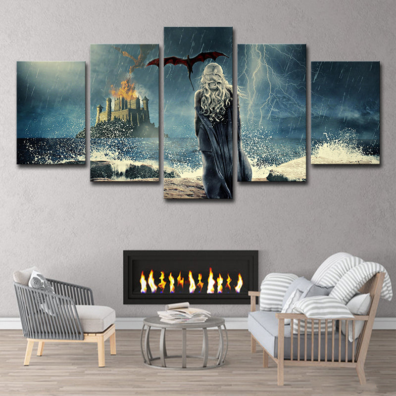 Rainy Night Castle Wall Art Kids Mysterious Game Scene Canvas in Blue for Living Room