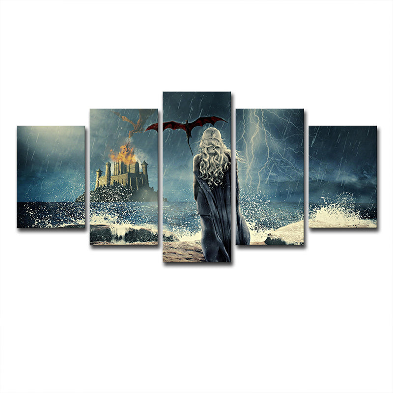 Rainy Night Castle Wall Art Kids Mysterious Game Scene Canvas in Blue for Living Room