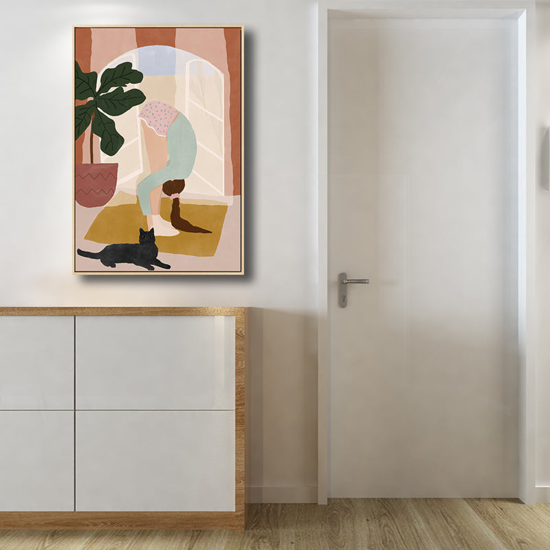 Pink Exercise Girl Canvas Minimalism Style Textured Wall Art Print for Living Room