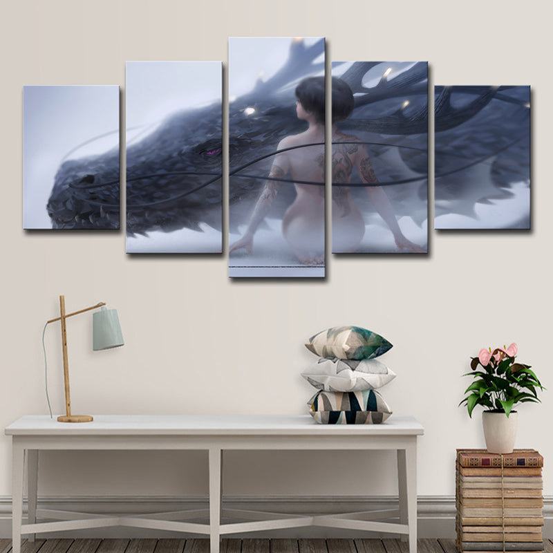 Nude Girl and Dragon Canvas Art Blue Kids Style Wall Decoration for Boys Bedroom