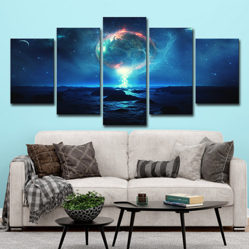 Blue Fictional Canvas Wall Art Earth and Starry Night Sky Wall Decor for Bedroom
