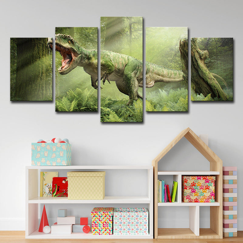 Green Digital Print Dinosaur Canvas Wall Art Multi-Piece Sci-Fi Bedroom Wall Decor