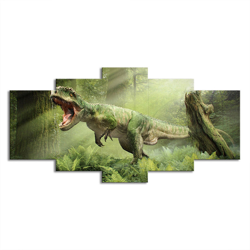 Green Digital Print Dinosaur Canvas Wall Art Multi-Piece Sci-Fi Bedroom Wall Decor