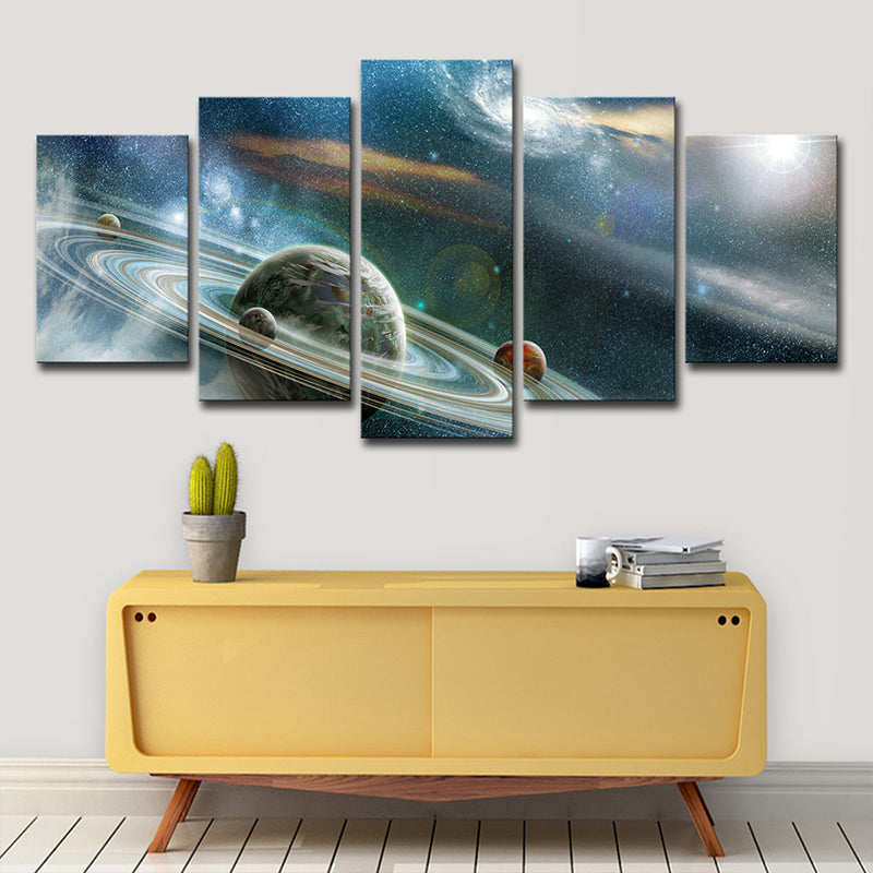 Outer Space Ringed Planet Canvas Science Fiction Multi-Piece Wall Art Print in Blue