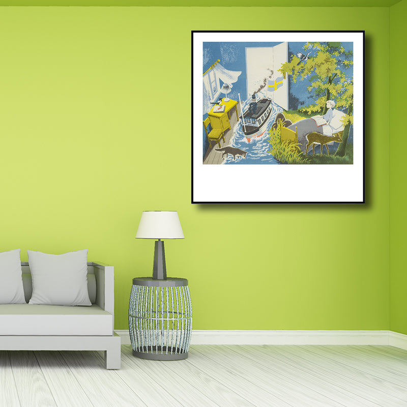 Kids Fantasy Wall Art Blue Flooded Bedroom Drawing Print Canvas for House Interior