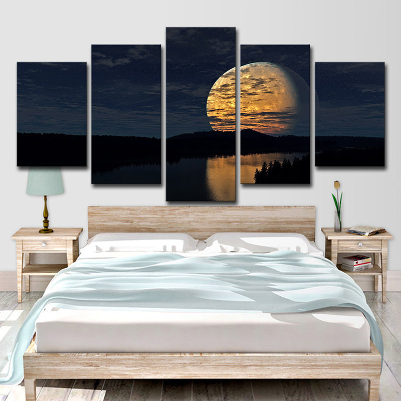 Supermoon over Lake Scene Art Print Kids Bedroom Sci-Fi Canvas in Yellow for Decor
