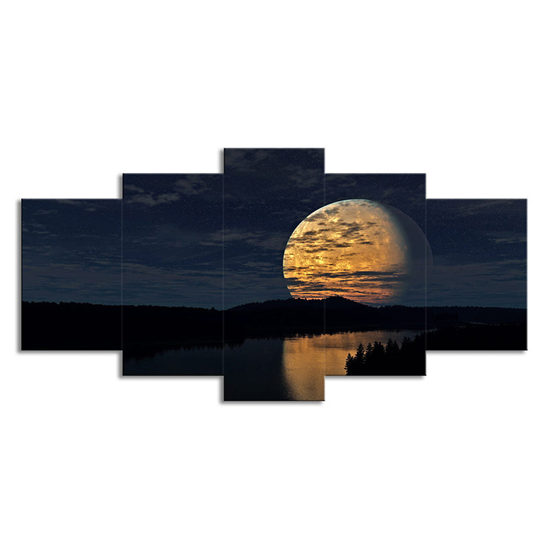Supermoon over Lake Scene Art Print Kids Bedroom Sci-Fi Canvas in Yellow for Decor