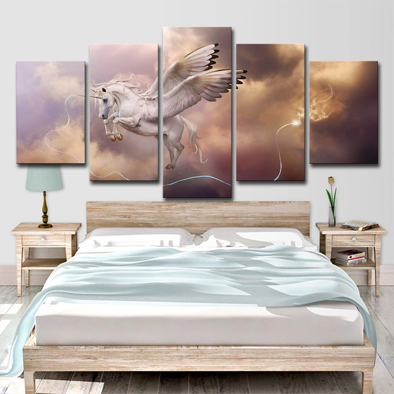 Modern Fantasy Unicorn Wall Art Brown Multi-Piece Canvas Print for Bedroom