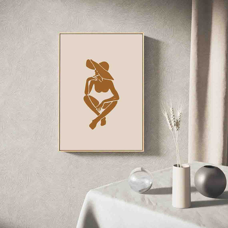 Woman with Floppy Hat Canvas Minimalist Stylish Fashion Drawing Wall Art in Brown