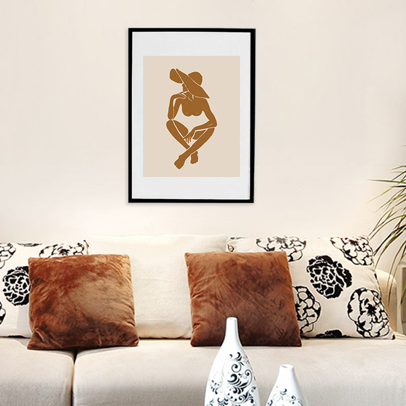 Woman with Floppy Hat Canvas Minimalist Stylish Fashion Drawing Wall Art in Brown