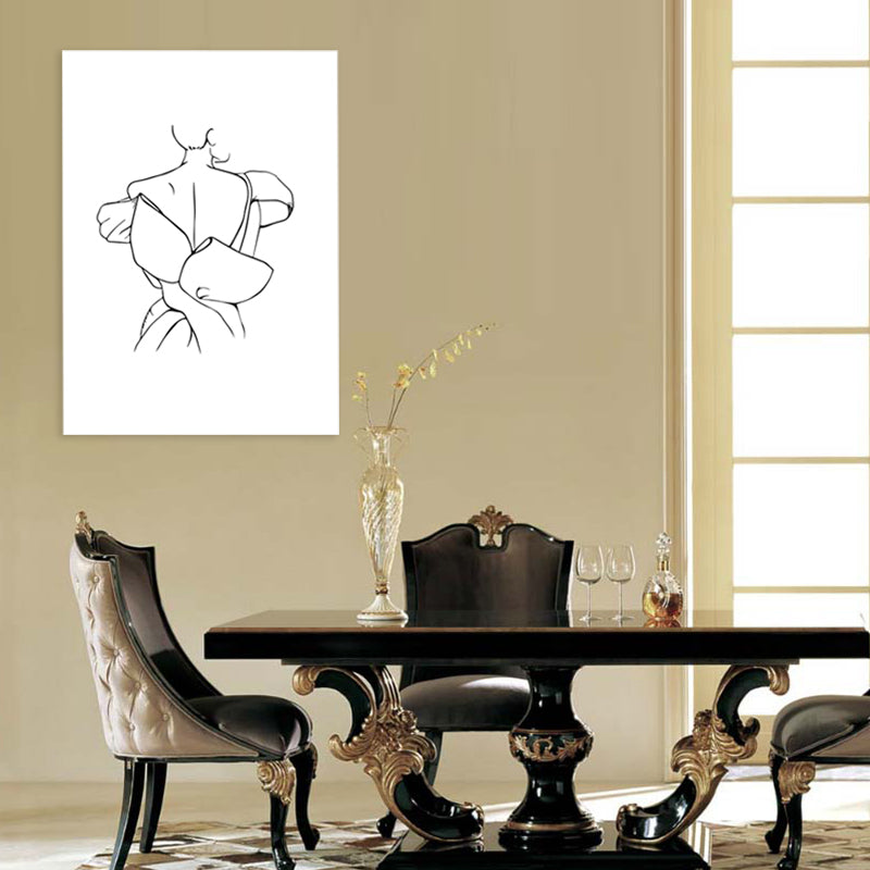 White Minimal Canvas Print Line Drawing Back of Woman in Formal Dress Wall Art for Home