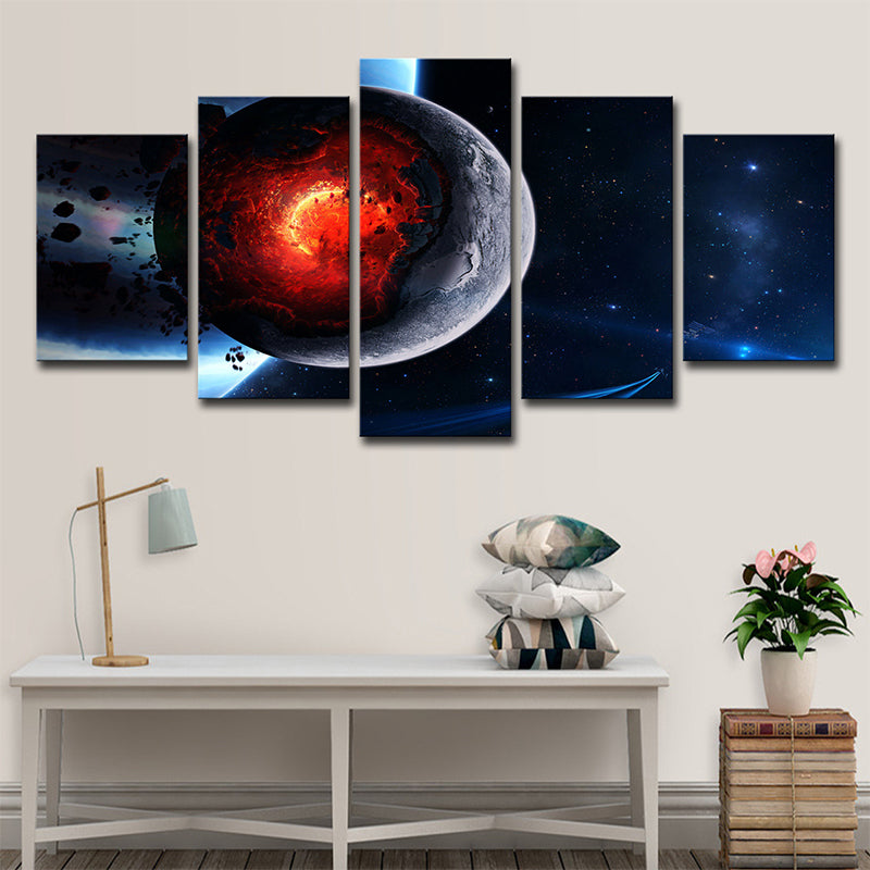 Planet Canvas Wall Art Multi-Piece Science Fiction House Interior Wall Decor in Blue