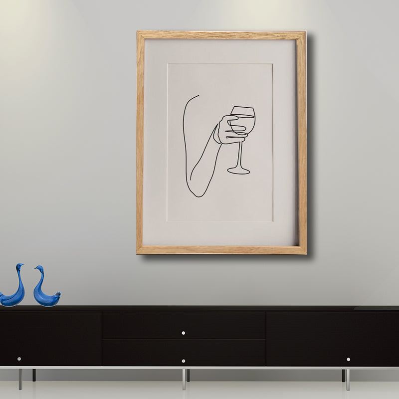 Canvas White Art Print Minimalistic Hand with Wine Glass Line Drawing Wall Decor
